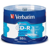 VERBATIM 41908 CD-R 80MIN 52X INKJET PRINTABLE WHITE PACK 50
