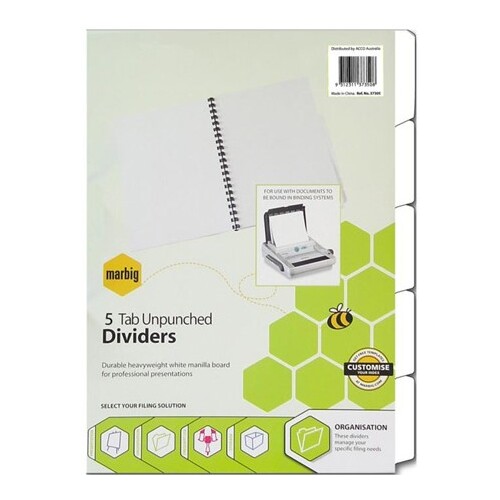 MARBIG 37305 DIVIDERS UNPUNCHED A4 5 TAB WHITE