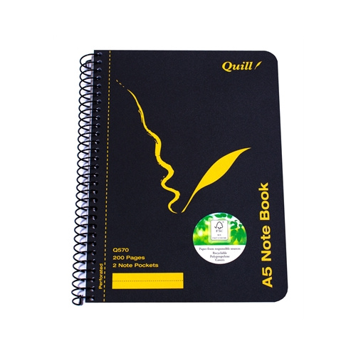 QUILL Q570 NOTE BOOK SPIRAL BOUND A5 SIDE 2 NOTE POCKETS 200 PAGES