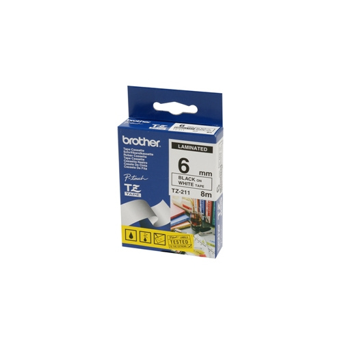 BROTHER TZE-211 6mm BLACK ON WHITE LAMINATED LABELLING TAPE 