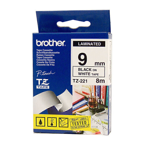 BROTHER TZE-221 9mm BLACK ON WHITE LAMINATED LABELLING TAPE 