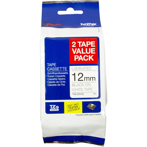 BROTHER TZE-231V2 12mm BLACK ON WHITE PACK 2 LAMINATED LABELLING TAPE 