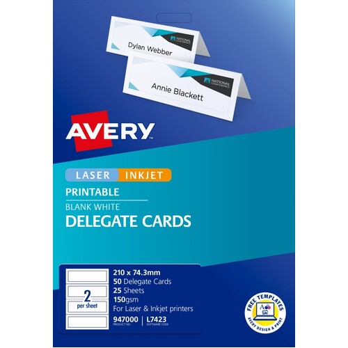 AVERY 947000 DELEGATE CARDS LASER EMBOSSED 2 UP 210x74.25mm 150gsm PACK 25