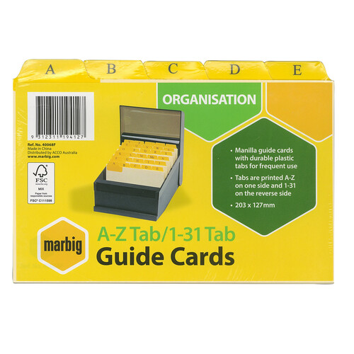 MARBIG GUIDE CARDS MANILLA WITH PLASTIC TABS A-Z/1-31 203x127mm