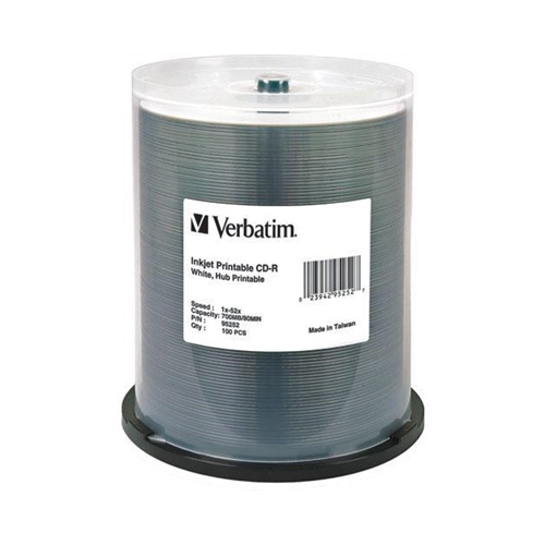 VERBATIM 95252 CD-R 80MIN 52X INKJET PRINTABLE WHITE PACK 100