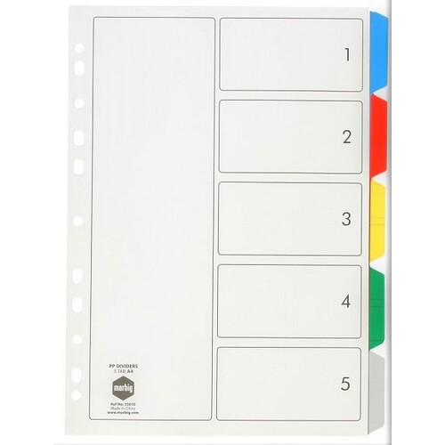 MARBIG 35010 DIVIDERS A4 5 TAB PP COLOURED