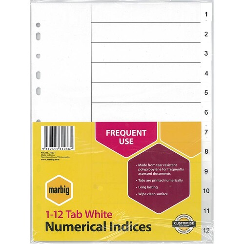 MARBIG 35031 DIVIDER INDICES PP A4 WHITE 1-12 TAB