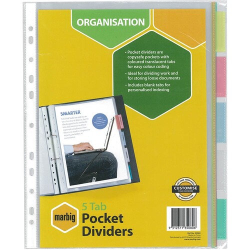 MARBIG 35080 DIVIDER PP A4 COLOUR POCKET 5 TAB