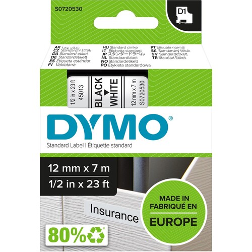 DYMO 45013 D1 LABEL TAPE 12mm x 7m BLACK ON WHITE