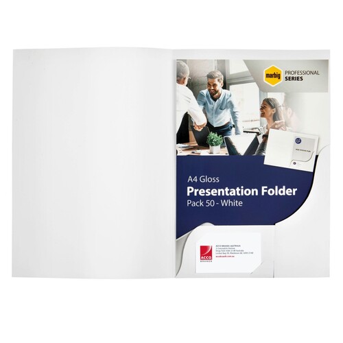 MARBIG A4 PRESENTATION FOLDERS GLOSSY WHITE PACK 50