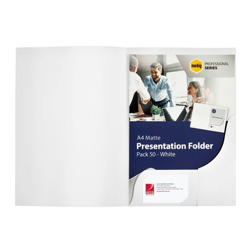 MARBIG A4 PRESENTATION FOLDER MATT WHITE PACK 50