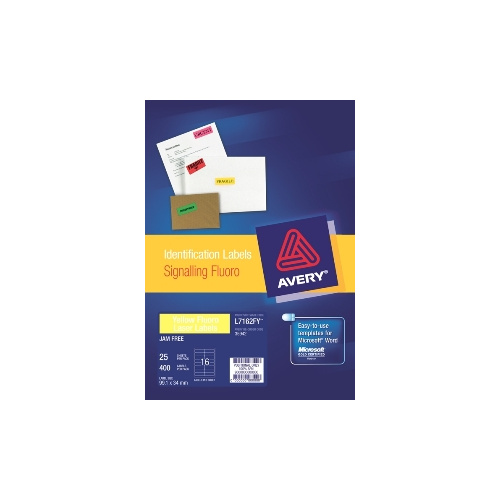 AVERY 35942 L7162FY LASER LABELS FLUORESCENT YELLOW 16 PER SHEET PACK 25