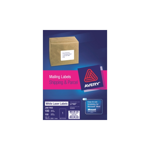 AVERY 959009 L7167 LASER LABELS SHIPPING 1 PER SHEET WHITE PACK 100