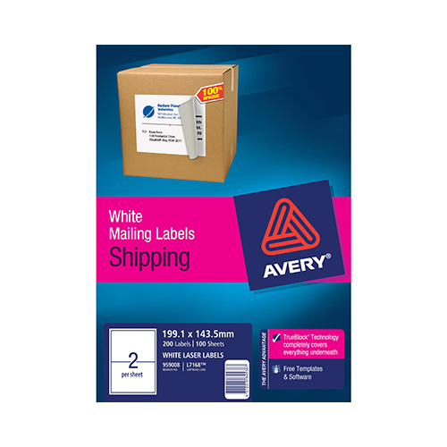 AVERY 959008 L7168 LASER LABELS SHIPPING 2 PER SHEET WHITE PACK 100
