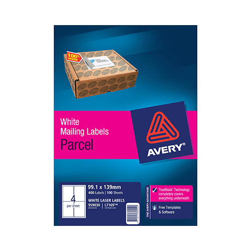 AVERY 959030 L7169 LASER LABELS SHIPPING 4 PER SHEET WHITE PACK 100