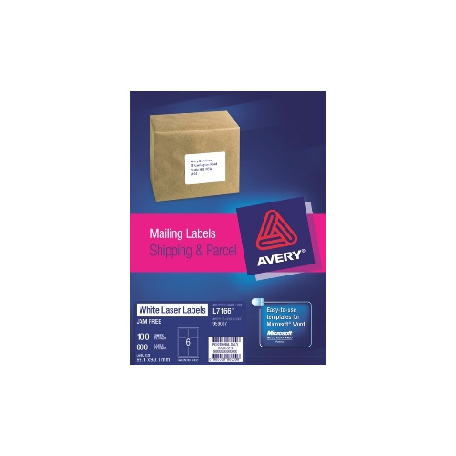 AVERY 959007 L7166 LASER LABELS PARCEL 6 PER SHEET WHITE PACK 100