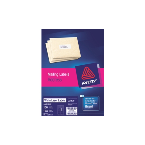 AVERY 959003 L7162 LASER LABELS ADDRESS 16 PER SHEET WHITE PACK 100