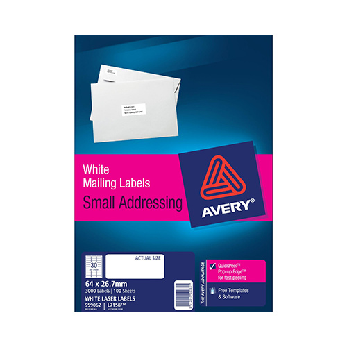 AVERY 959062 L7158 LASER LABELS ADDRESS 30 PER SHEET WHITE PACK 100