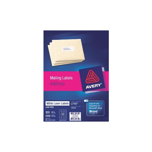 AVERY 959060 L7157 LASER LABELS ADDRESS 33 PER SHEET WHITE PACK 100