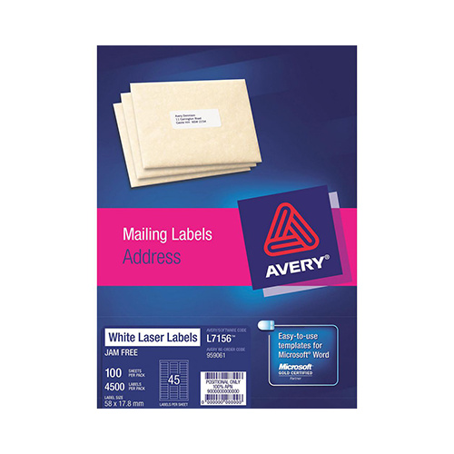 AVERY 959061 L7156 LASER LABELS ADDRESS 45 PER SHEET WHITE PACK 100