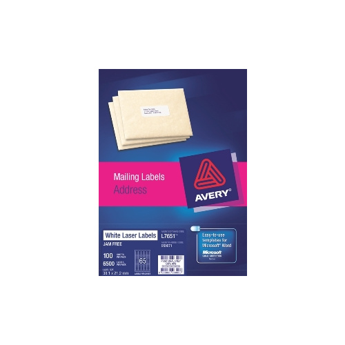 AVERY 959071 L7651 LASER LABELS ADDRESS 65 PER SHEET WHITE PACK 100