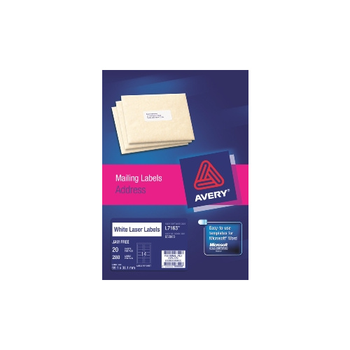 AVERY 952003 L7163 LASER LABELS ADDRESS 14 PER SHEET WHITE PACK 20