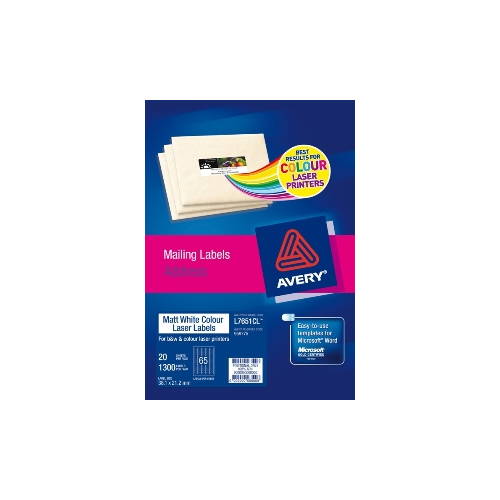 AVERY 959775 L7651CL MATT WHITE COLOUR MINI ADDRESS LASER LABELS 65UP PACK 20