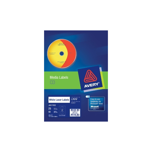 AVERY 960101 L7676 LASER LABELS MEDIA FULL FACE CD/DVD 2UP PACK 25