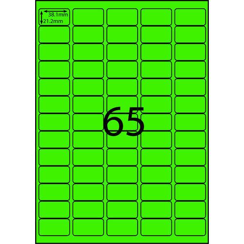 AUSSIE ECO FRIENDLY A4 LABELS 65UP FLURO GREEN PACK 100