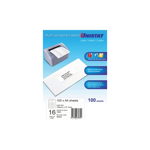 UNISTAT 38932 MULTIPURPOSE LABEL DL16 105x37mm NO MARGIN PACK 100