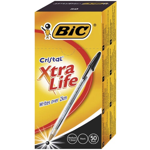 BIC CRISTAL XTRA LIFE BALLPOINT PENS MEDIUM BLACK BOX 50