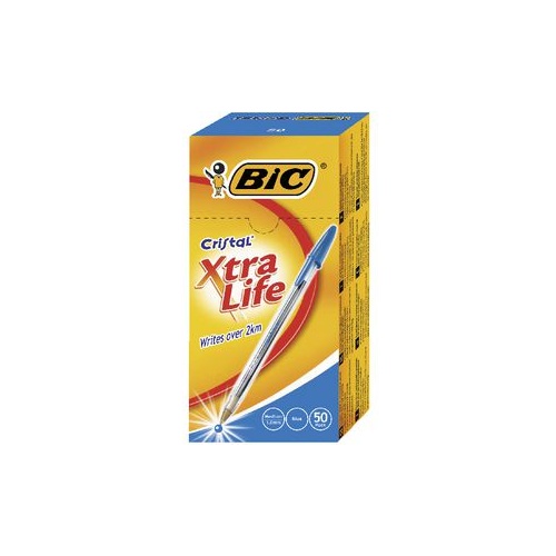 BIC CRISTAL XTRA LIFE BALLPOINT PENS MEDIUM BLUE BOX 50