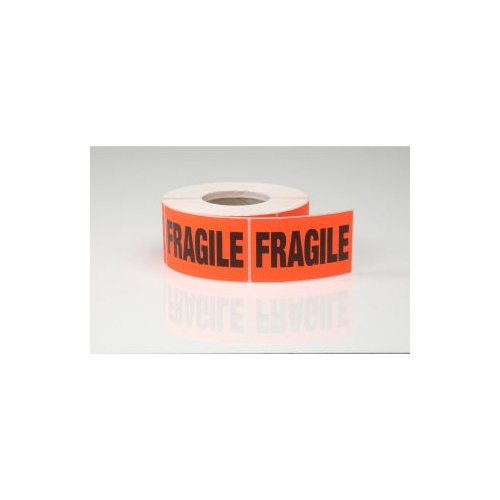 FRAGILE FLURO RED  LABEL 76x130mm  ROLL 1000