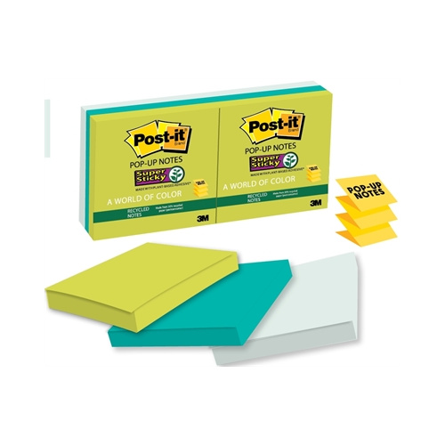 3M R330 6SST POST-IT SUPER STICKY RECYCLED POP-UP NOTES 73x73mm BORA BORA PACK 6