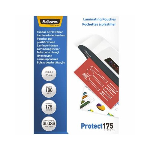 FELLOWES LAMINATING POUCHES 59x83mm GLOSS 175um PACK 100