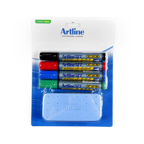 ARTLINE 577 WHITEBOARD STARTER KIT MARKERS AND ERASERS ASSORTED PACK 4